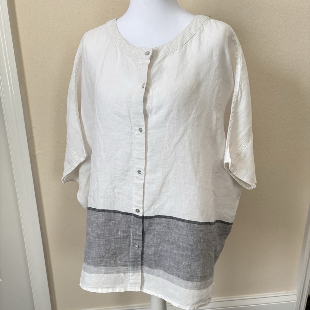 Tahari Womens White Grey Colorblock 100% Linen Button Front Oversized Blouse M